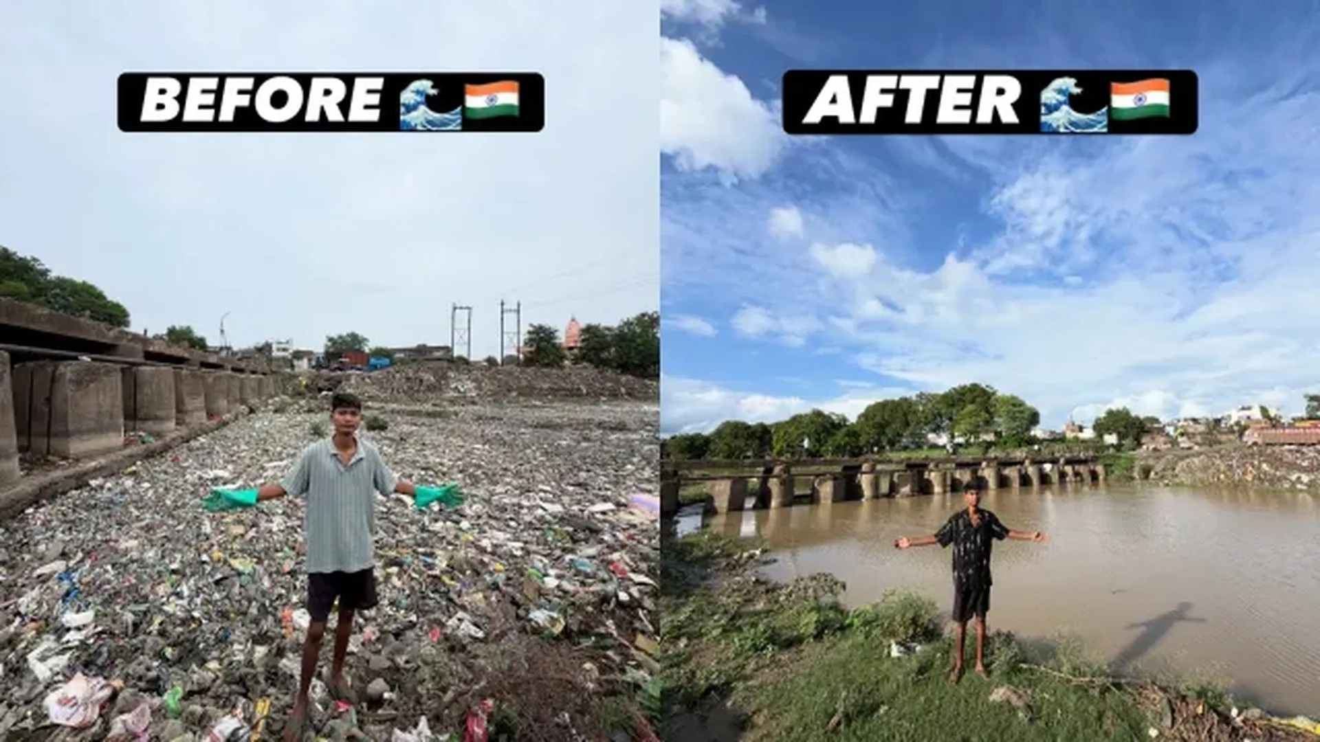 Before and after transformation of the Ajnar River cleaned by Bittu Tabahi