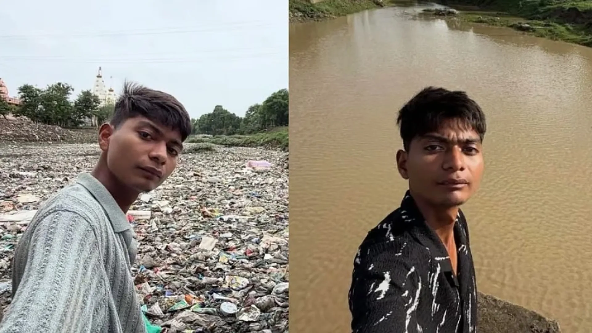 Bittu Tabahi cleaning the polluted Ajnar River in Madhya Pradesh